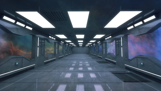 3d render. Futuristic interior corridor architecture
