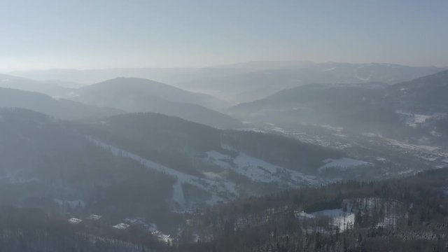 Winter scenery in Silesian Beskids mountains. View from above. DJI Mavic 2 Pro 4k dlog-m ungraded flat.