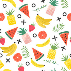 Summer seamless pattern with pineapple, watermelon, banana and leaves. Cute baby design.