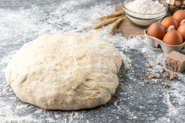 Yeast dough on gray background. Baking ingredients of pressed yeast, eggs, sugar, milk and flour.  