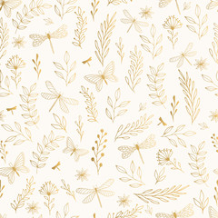 Summer gold pattern with flowers, leaves and dragonfly.  - 247014057