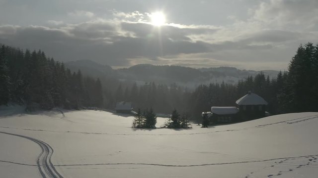 Winter scenery in Silesian Beskids mountains. View from above. DJI Mavic 2 Pro 4k dlog-m ungraded flat.