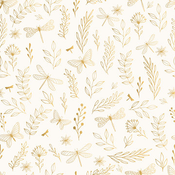 Summer gold pattern with flowers, leaves and dragonfly. 