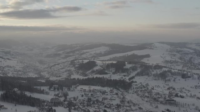 Winter scenery in Silesian Beskids mountains. View from above. DJI Mavic 2 Pro 4k dlog-m ungraded flat.