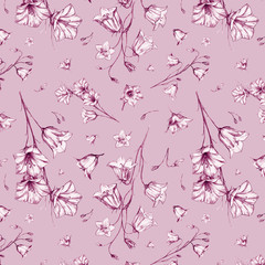 Fototapeta na wymiar Hand drawn floral seamless pattern background with randomly located pink graphic bluebell flowers on pink background