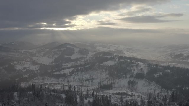 Winter scenery in Silesian Beskids mountains. View from above. DJI Mavic 2 Pro 4k dlog-m ungraded flat.