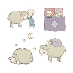 Sleeping boy and cute cartoon sheep. Good night. sleep time. Print for pajamas .