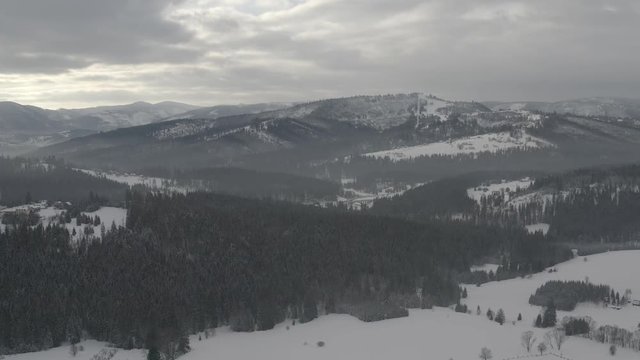 Winter scenery in Silesian Beskids mountains. View from above. DJI Mavic 2 Pro 4k dlog-m ungraded flat.