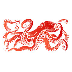 Red Octopus with tentacles. Hand drawn stock vector illustration