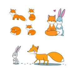 Cute cartoon fox and hare. Fairy tale characters