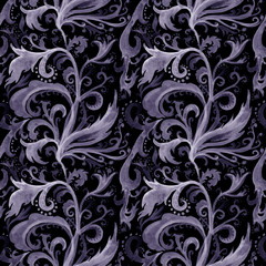 Hand drawn abstract watercolor seamless pattern with metal gray and lilac floral ornament, curls, wavy lines, doodles on a black background
