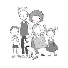 A happy family. Parents with children. Cute cartoon dad, mom, daughter, son and baby.