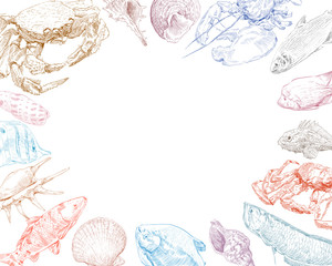 Seafood, fish and crabs backgrounds. Restaurant and cafe menu hand drawn sketch. Place mat design.