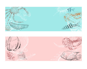 Seafood, fish, corals and seashells template banner set. Restaurant and cafe menu hand drawn sketch. Ticket to the aquarium design backgrounds.