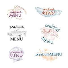Fish and crabs menu, logo template design. Hand drawn sketch seafood label for restaurant, cafe and bar. Vector illustration
