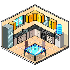 Pixel art isometric kitchen detailed vector illustration