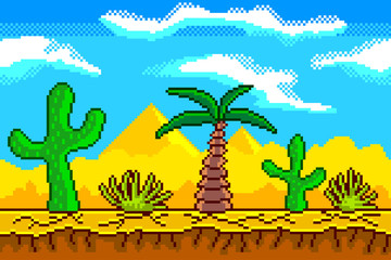Pixel art desert background detailed vector illustration
