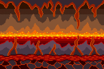 Pixel art hell background detailed vector illustration