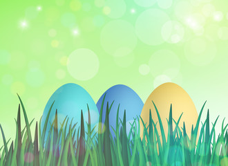 Vector illustration of a set of traditional Easter eggs among the grass on a sunny day. Festive easter concept