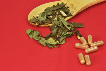 Herbal green tea capsule for healthy lifestyle. Herbal capsules from ginger. Close up Green capsules. Dietary supplements for Weight Loss and detox.