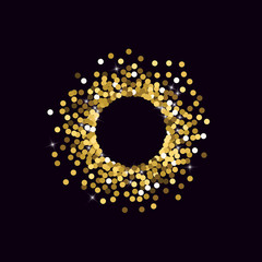 Golden confetti. Round gold glitter. Gradient Scattering on a black background. Glitter. Christmas shiny background.