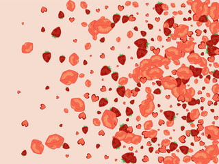 Strawberries, lips and hearts on a pink background. Romantic background with a kiss and a heart. Confetti of lips on Valentine's Day. Card for the day of lovers.