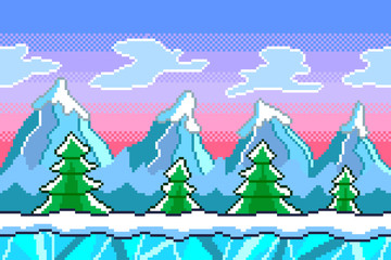 Pixel art winter background detailed vector illustration