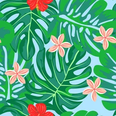 Fotobehang Tropical pattern with hibiscus flowers and leaves. Exotic seamless pattern with tropical leaves. Ethnic Background with Hawaiian flowers and plants. © Natallia
