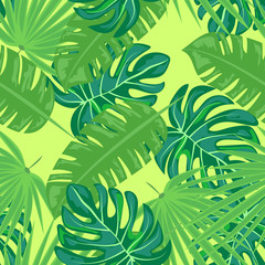 Tropical seamless pattern with leaves. Beautiful tropical isolated leaves. Fashionable summer background with leaves for fabric, wallpaper, paper, covers.