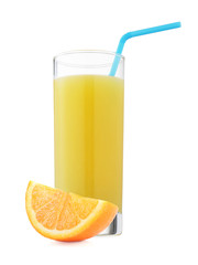 Orange juice in glass and orange fruit isolated on white