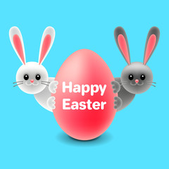 Cartoon easter rabbits behind egg isolated vector illustration