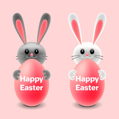 Cartoon easter two rabbits behind eggs isolated vector illustration