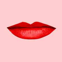 Beauty art poster, postcard. woman's red lips isolated on pink background