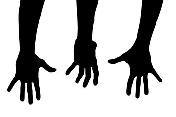 Vector illustration of realistic hands with different gestures. Simple black and white silhouette. Concept of indicate, show emotions, express yourself, mute language, signs and directions. Body parts