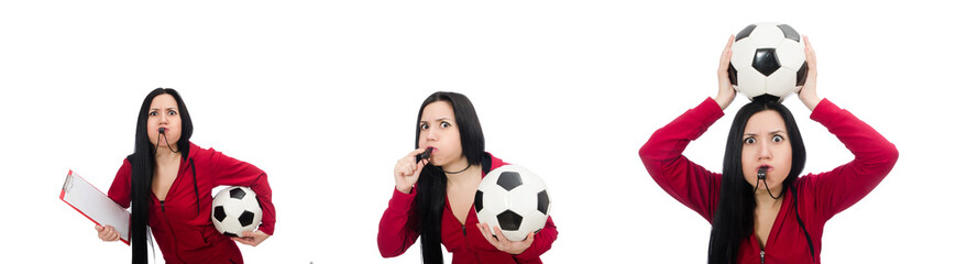 Woman with football isolated on white