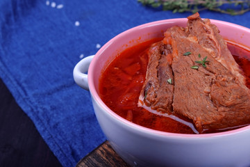 Borscht with beef. Traditional soup of Ukrainian and Russian cuisines