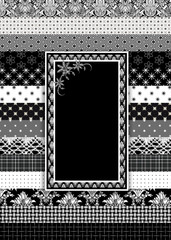 Rectangular in shape illustration graphic background with multiple layers of black, white and gray strips with different patterns.  Some images have text areas in the middle.