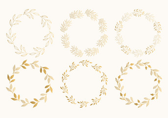 Gold floral round frames. Glitter wreath design. Vector. Isolated.