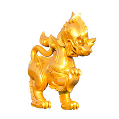 Golden Thai lion statue isolated on white background - 247025237