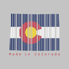 Fototapeta na wymiar Barcode set the shape to Colorado map outline and the color of Colorado flag on grey background, text: Made in Colorado.
