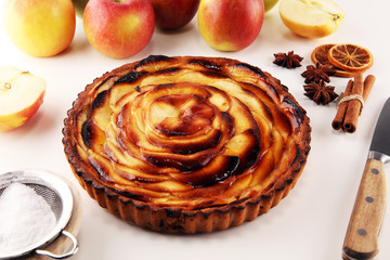Apple tart. Gourmet traditional holiday apple pie sweet baked dessert food with cinnamon and apples...