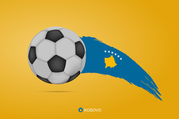 Kosovo football championship banner with 3d soccer ball and hand drawn calligraphy ink brush stripes Kosovo national flag colors on yellow background. Vector design element illustration