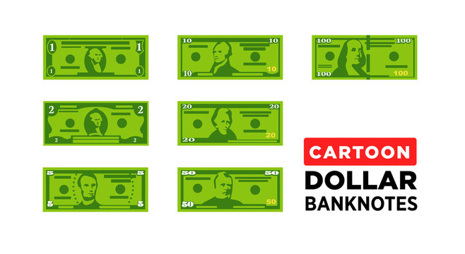 Dollar money cartoon minimalistic banknotes of USA, paper money - vector one size