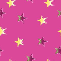 seamless pattern with yellow and purple stars on pink background - star pattern vector