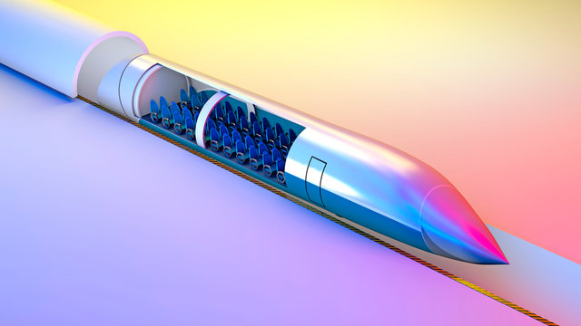 Stazione dei treni e Hyperloop. Tecnologia futuribile per il trasporto ad alta velocit&agrave; di merci e passeggeri all'interno di tubi a bassa pressione. 3d rendering