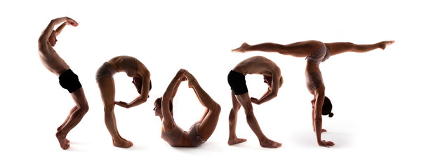 Yoga alphabet, athletes forming SPORT word over white background