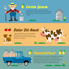 Set of cartoon farm elements with pick-up, cow, dog and farmer.