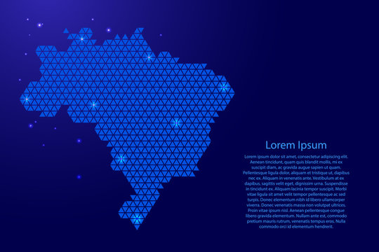 Brazil map abstract schematic from blue triangles repeating pattern geometric background with nodes and space stars for banner, poster, greeting card. Vector illustration.
