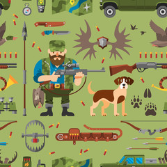 Green vector seamless background of flat hunting elements with hunter, hunting dog, duck, hunting pickup and hunting ammunition.