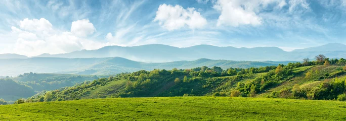 Fotobehang Landschap panorama van het prachtige landschap van roemenië. zonnige middag. prachtige lente landschap in de bergen. grasveld en glooiende heuvels. landelijke omgeving